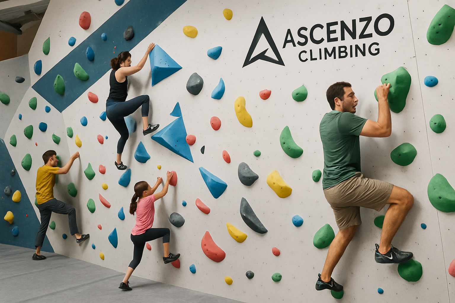 Bouldering wall at Ascenzo Climbing with climbers of all levels