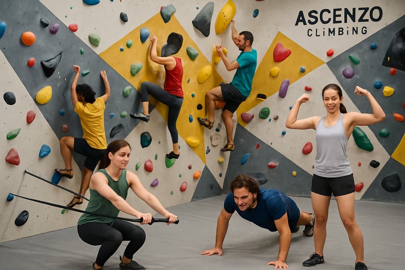 Climbers enjoying bouldering and fitness activities at Ascenzo Climbing gym