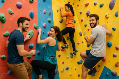 Climbers scaling a colorful gym wall with a welcoming group atmosphere