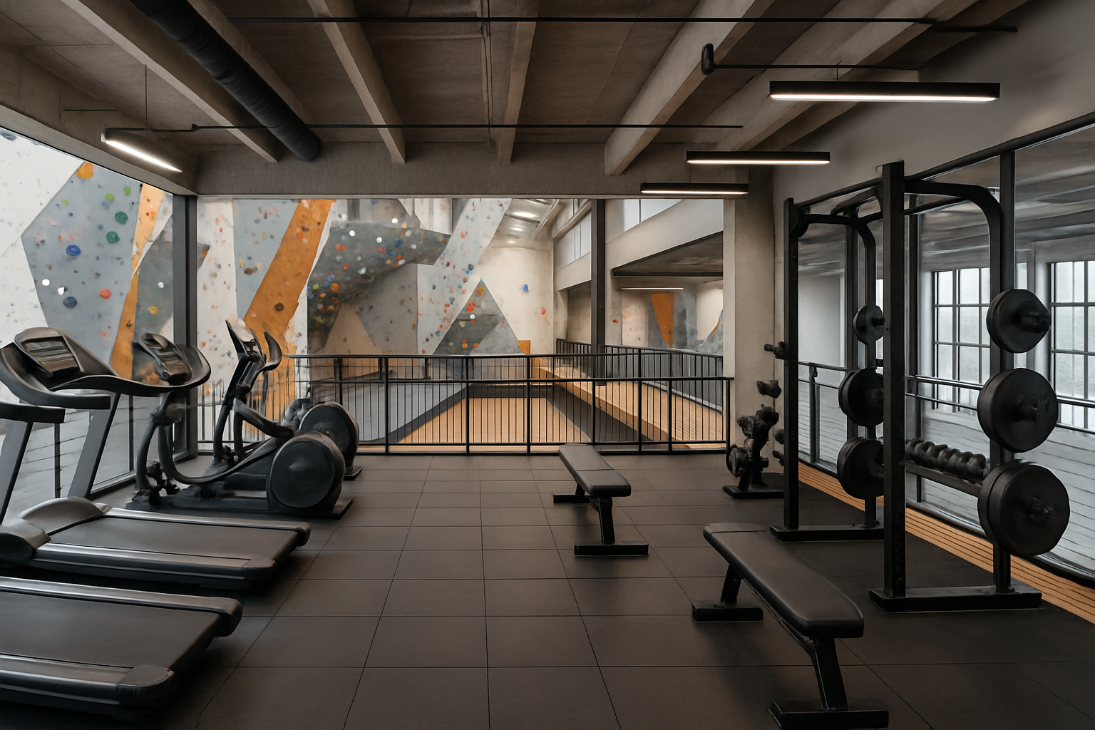 Modern fitness area and mezzanine overlooking climbing gym