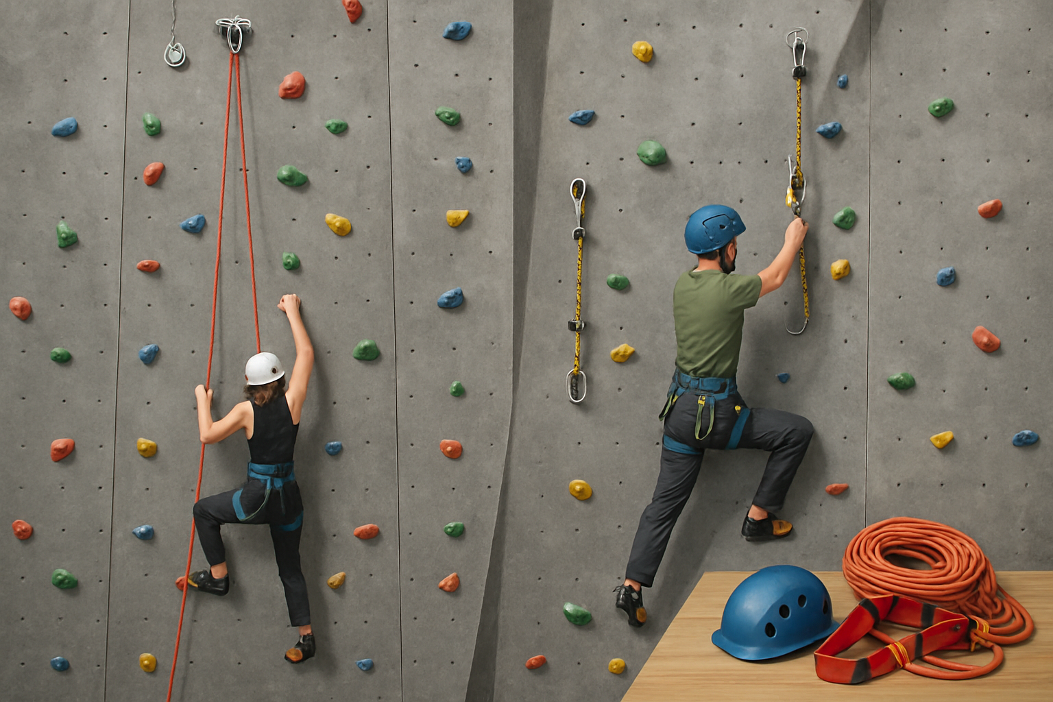 Top rope and lead climbing section with safety equipment